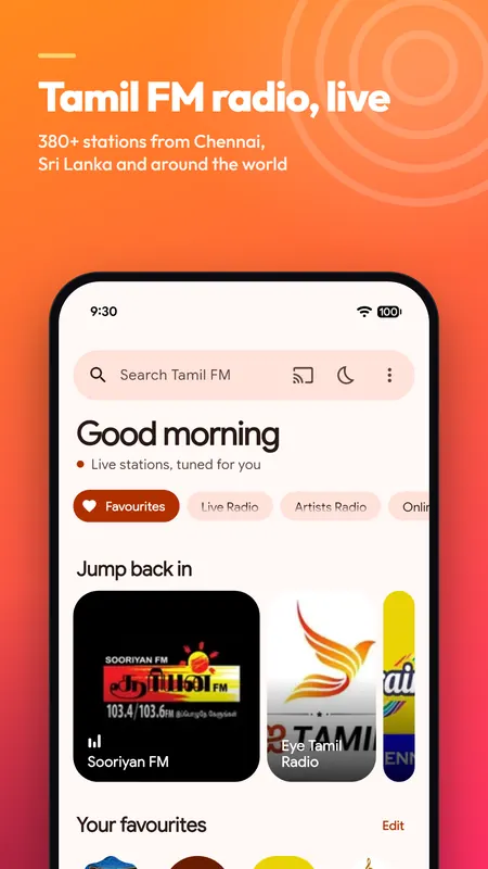 Tamil FM home screen with favourite stations